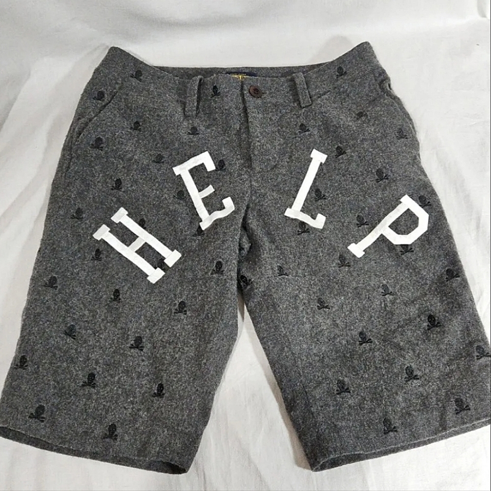 Vintage Rugby Ralph Lauren Gray Wool Shorts Size 2 Embroidered Skulls Rare Polo